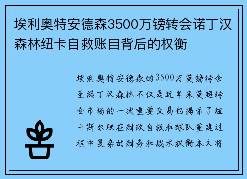 埃利奥特安德森3500万镑转会诺丁汉森林纽卡自救账目背后的权衡